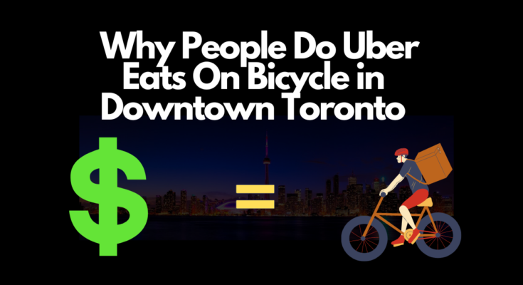 Why People do Uber Eats food delivery by bicycle in downtown Toronto? There are a lot of benefit of doing Uber Eats by bicycle in Canada and some of them are less traffic hurdles, no parking issues, cost efficient, healthy and environment friendly.