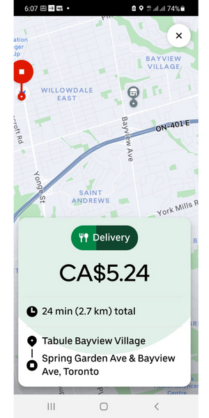 Uber Eats Delivery Request in Canada